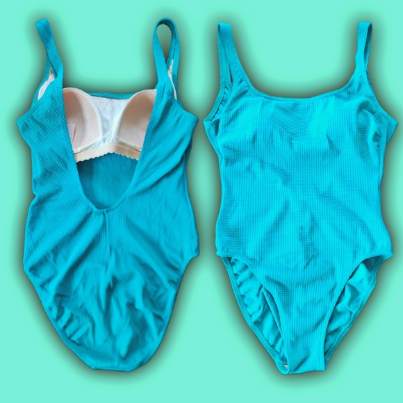 90s full piece, full coverage, scoop back turquoise bathing suit. Sz. Med-Lrg - Picture 3 of 5